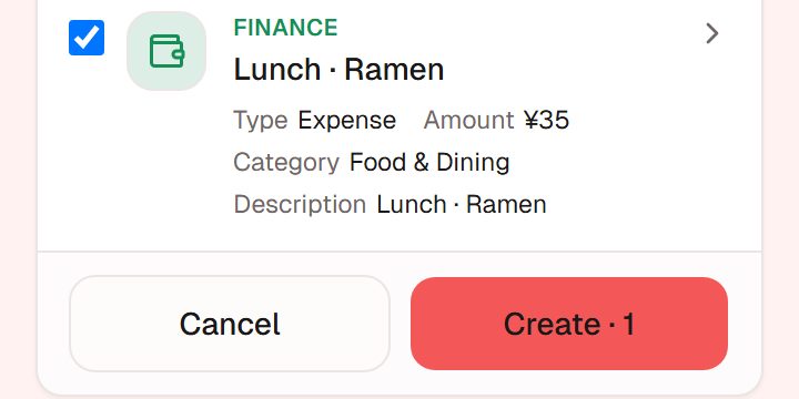 Draft card: expense ¥35, category Food & Dining, description "Lunch · Ramen", buttons Cancel and Create · 1