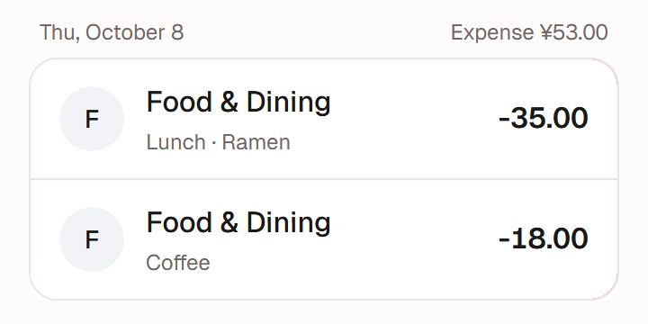 A row in the spending list: Food & Dining, "Lunch · Ramen", -35.00