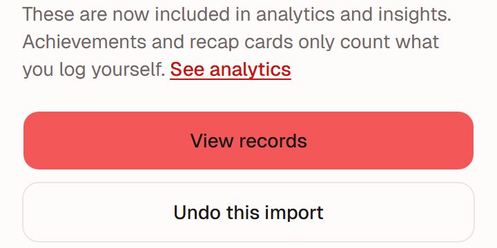 Import finished screen: a note that these entries now count in analytics and Insight, with "View records" and "Undo this import" buttons