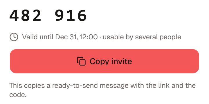 A 6-digit invite code, with a "Copy invite" button and a note that it copies a message containing the link and the code
