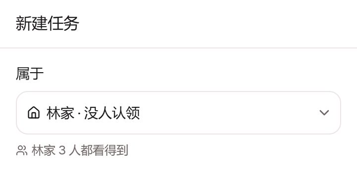 新建任务的表单里，「属于」选了家里，负责人留空