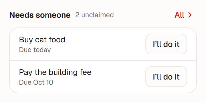 Group page, "Needs someone": two unclaimed tasks, each with an "I'll do it" button
