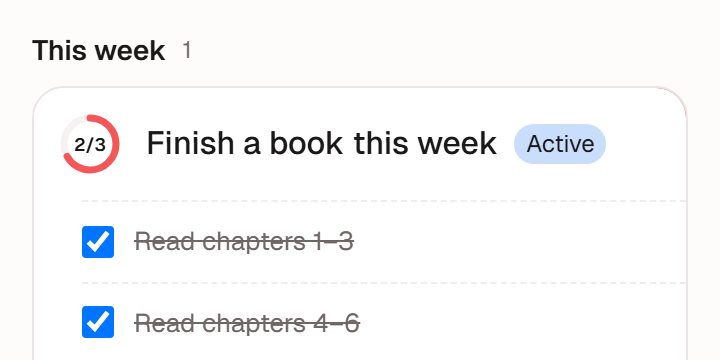Goals page, "This week": the goal "Finish a book this week", progress 2/3, with two tasks done