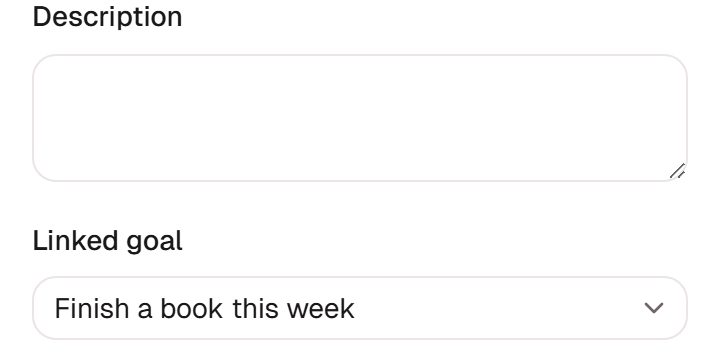 New task form with "Linked goal" set to "Finish a book this week"