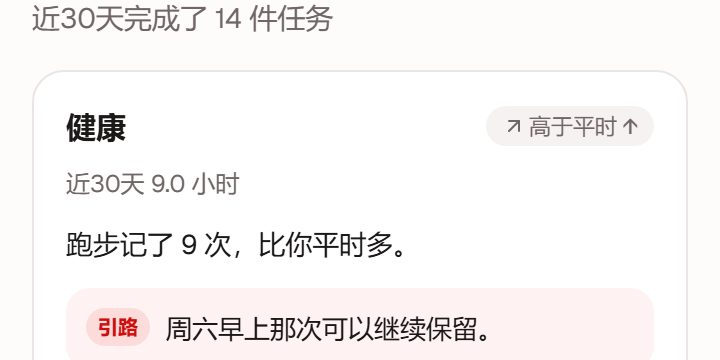 洞察结果：健康，近 30 天 9.0 小时，标着「高于平时」，下面一句读数和一条「引路」