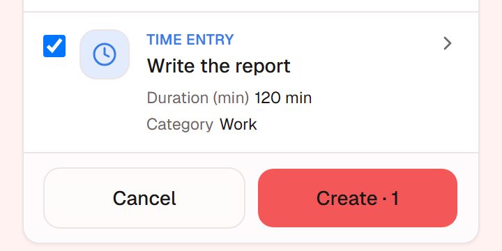 Draft card: a 120-minute entry in the Work category, buttons Cancel and Create · 1