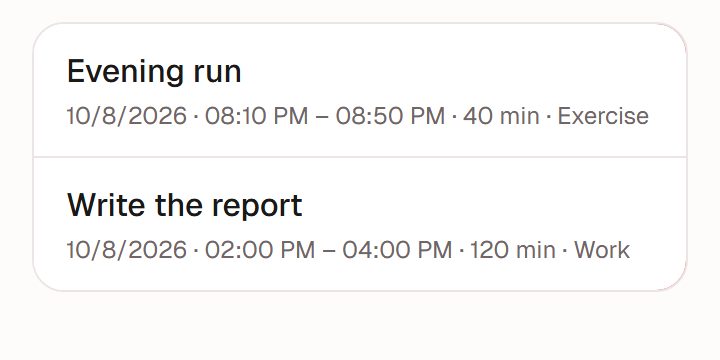 Time log list with two entries: Evening run, 40 min; Write the report, 120 min